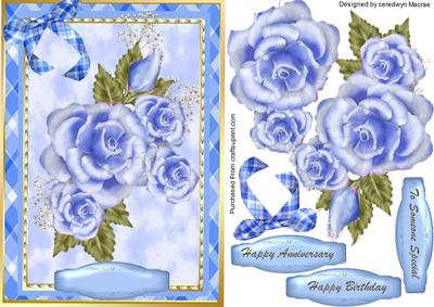 Beautiful Roses on a Blue Plaid Background .