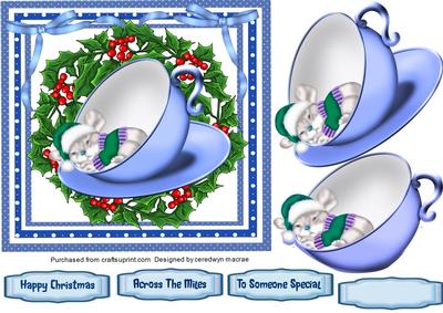 Little Mouse Asleep in a Teacup. Blue