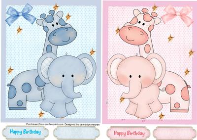 Two Giraffe and Elephant Birthday Toppers 
