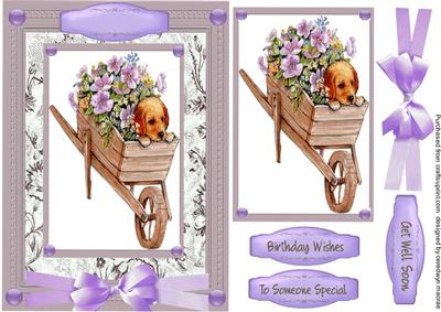 Lovely Puppy in a Wheel Barrow of Flowers.