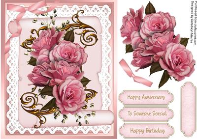 A5 Beautiful Pink Roses on Lace and a Scroll