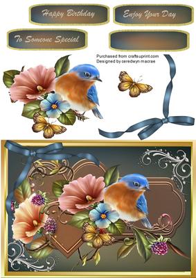 Lovely Blue Bird and Petunias 