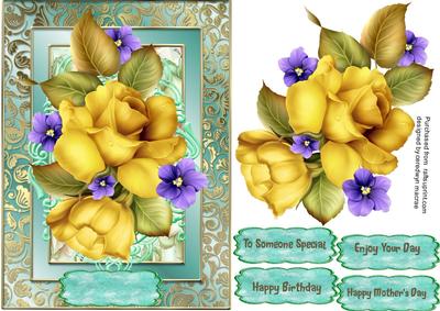 Lovely Yellow Roses and Violets on Gold 
