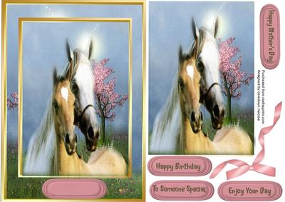 Beautiful Mother and Foal in the Cherry Orchard .