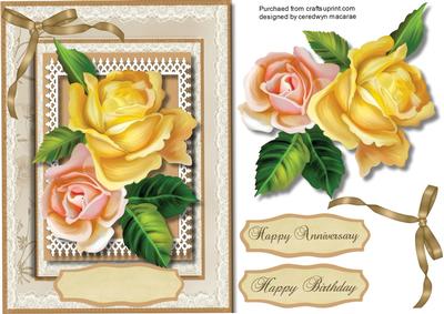 Stunning Yellow and Pink Roses on Lace .