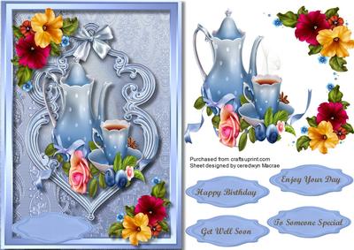 Lovely Petunias with Blue Teaset 