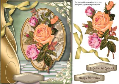 Lovely Pink and Peach Roses on a Gold Plaque 