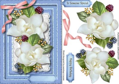 Lovely Magnolias on Blue Sparkle Paper and Lace