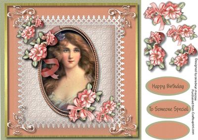 Beautiful Vintage Lady with Pink Roses 