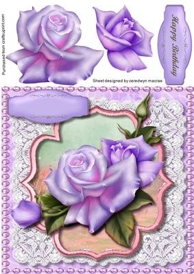 Beautiful Lilac Roses on Lace and Pearls