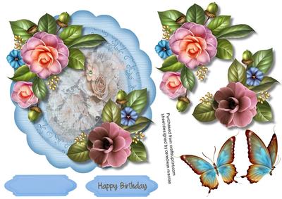 Lovely Camellias on a Blue Scalloped Frame 