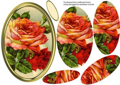 Lovely Deep Orange /red Roses in a Oval Gold Frame 