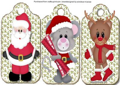 Three Christmas Tags, Santa, Mouse and Reindeer
