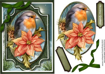 Stunning Robin and Poinsatia on a Holly Branch 