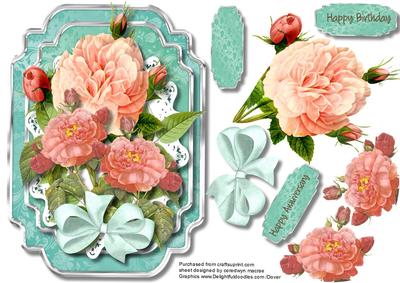 Stunning Pink Roses on Aqua and Silver Mat 