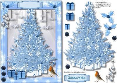 Lovely Blue Christmas Tree and Robin, 