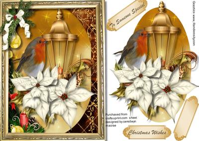 Llovely Robin with Cream Poinsettias in a Gold Frame