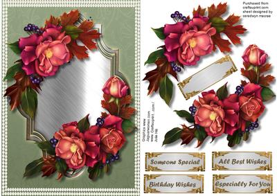 Beautiful Autumn Roses on a Gold and Silver Plaque