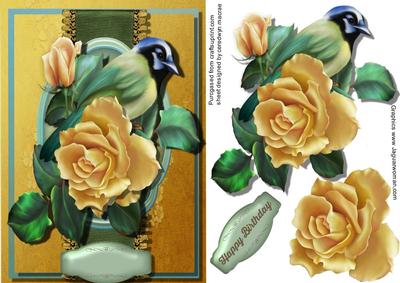 Beautiful Green Jay and Yellow Roses .