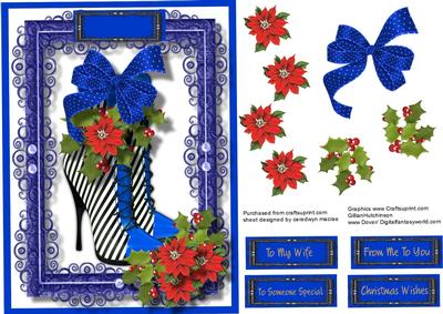 Beautiful Blue Boot with Holly and Poinsettias 