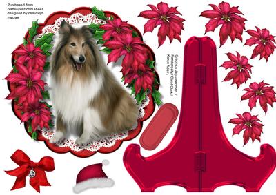 Beautiful Collie on Lace with Poinsettias , Plate and Stand