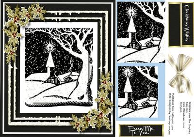 8x8 Christmas Scene in Monocrome with Gold Holly 