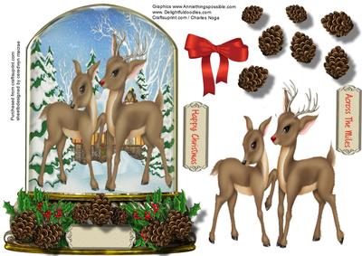 Beautiful Snow Globe with Reindeers and Pine Cones