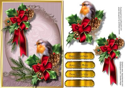 Beautifu, Robin and Holly on Pine Branches
