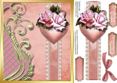 Beautiful Heart with Roses on a Lace Ribbon, Pink