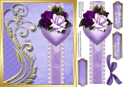 Beautiful Heart with Roses on a Lace Ribbon , Lilac 