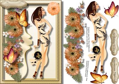Beautiful Retro Girl with Flowers and Butterflys 
