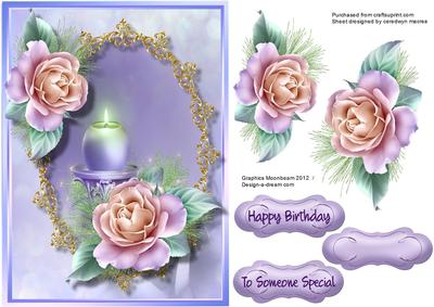 Beautiful Candle , and Roses in a Lilac Frame 