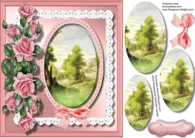 Beautiful Pink Roses and Stitched Oval Scene 