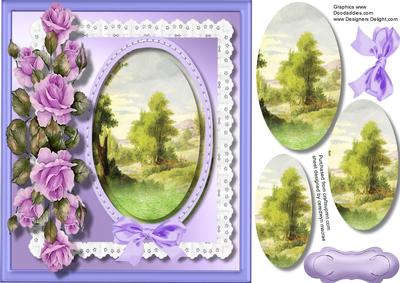 Beautiful Lilac Roses and Stitched Oval Scene 