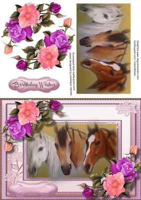 Beautiful Trio of Horses and Cerise Roses 
