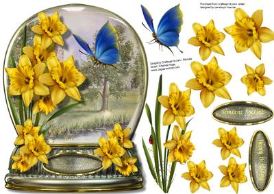 Lovely Daffodills and Butterfly in a Glass Dome 