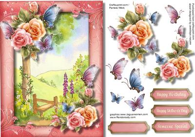 A5 Beautiful Rosy Glow Roses and Butterfly's 