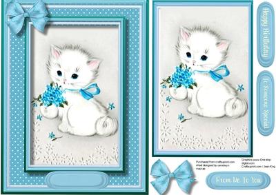 Little White Kitten with Forgetme Nots