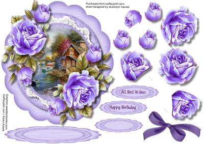 Easel or Topper Beautiful Lilac Roses in a Scalloped Frame 