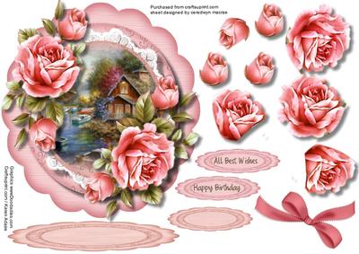 Easel or Topper Beautiful Pink Roses in a Scalloped Frame 