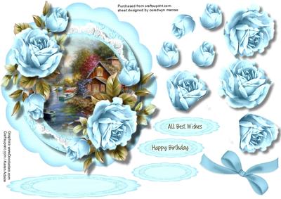 Easel or Topper Beautiful Aqua Roses in a Scalloped Frame