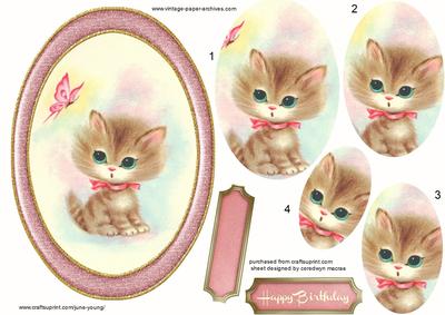 Lovely Kitty and Butterfly in Oval Plaque with Decoupage 