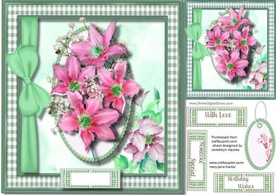Beautiful Pink Clematis in a Green Gingham Frame