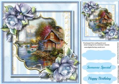 Lovely Water Scene with Blue Roses 