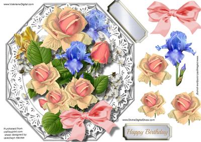 Lovely Silver Octagonal with Roses and Irises 