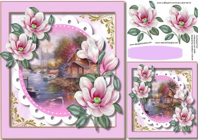 Beautiful Cerises Magnolias with a Water Scene 