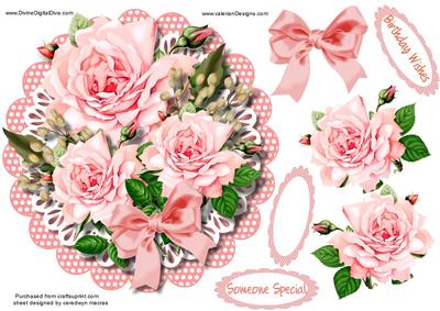 Topper or Easel , Pink Roeses on a Polka Dot Scallope Fram