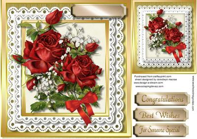 Beautiful Red Roses in a Gold Frame with Lace 