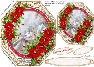 Lovely Christmas Octagonal with Poinsettias and Scene 