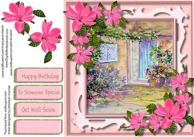 Lovely Cottage Door with Pink Flowers .